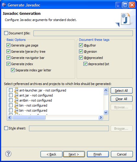 The second page of the Generate Javadoc wizard