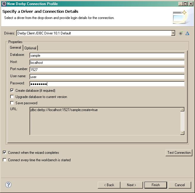 Connection profile details for Derby server