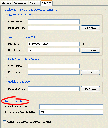 Options Tab, Table Generation Options