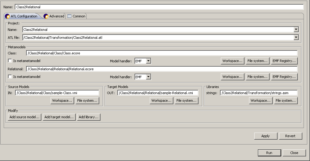 ATL Launch Configuration - Main tab