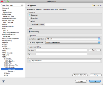 XML Security Tools Encryption preference page