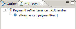 The EGL Data view shows the inputRec variable.