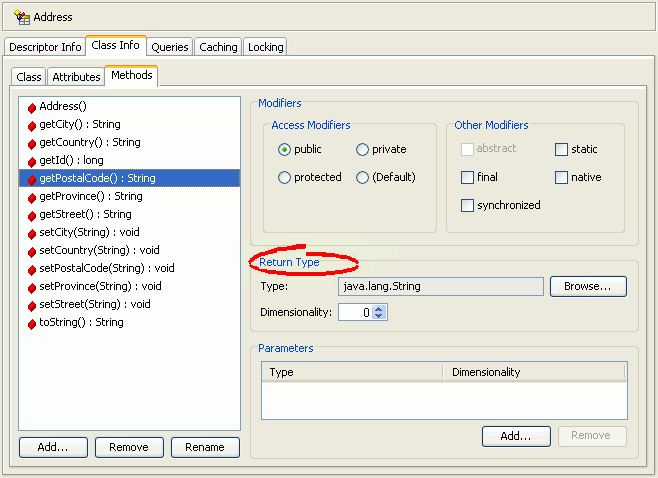 Methods Tab, Return Type Fields