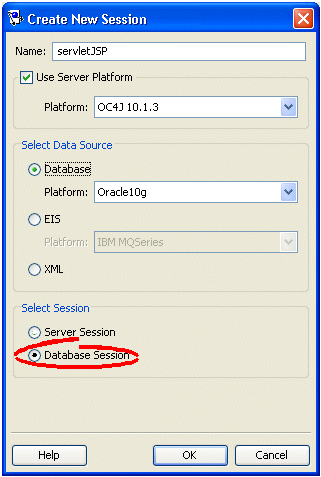 Create New Session Dialog Box, Database Session Option