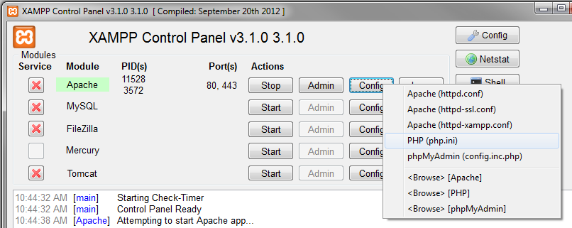 Configure PHP via XAMPP console