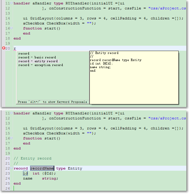 Use Content Assist to define entity type record