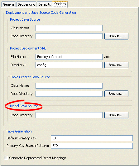 Options Tab, Model Java Source options