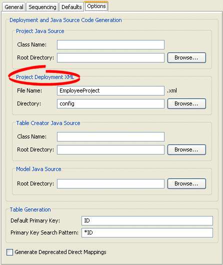 Options Tab, Project Deployment XML Options