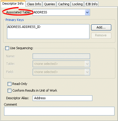 Descriptor Info Tab, Associated Table Options