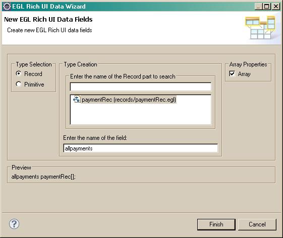 The New EGL Rich UI Data Fields wizard