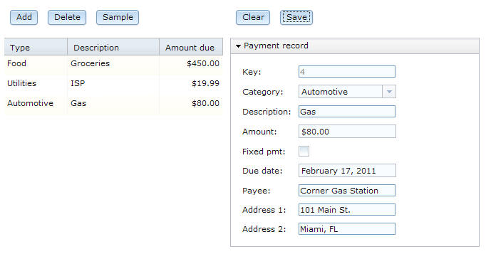 The finished page contains two widgets, one a list of all records, the second showing all fields for a selected record.