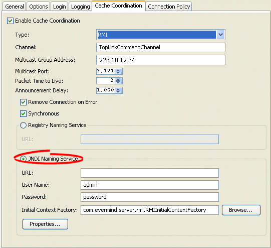 Cache Coordination Tab, JNDI Naming Service Options