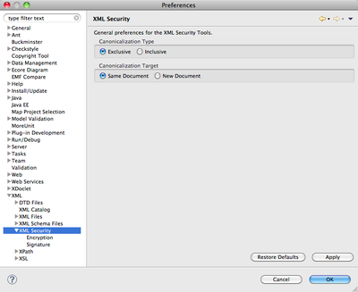 XML Security Tools general preference page