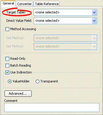 General Tab, Target Table Options