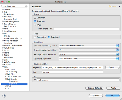 XML Security Tools Signature preference page