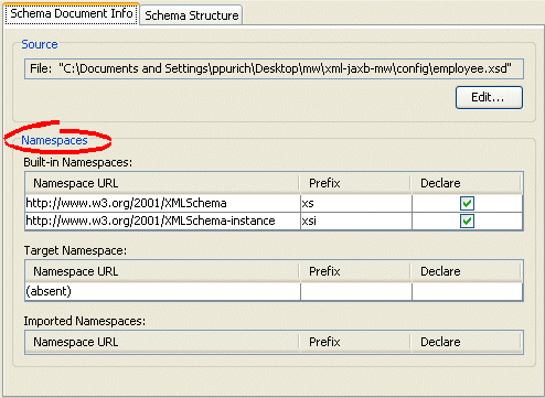 Schema Document Info Tab – Namespaces Field