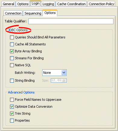 Login Tab, Options Subtab, JDBC Options