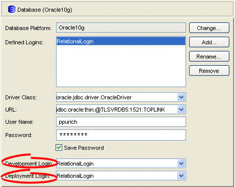 Database Property Sheet, Development and Deployment Login Options