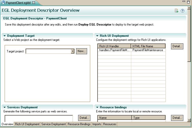 The Overview page of the EGL deployment descriptor shows no services to generate, and shows the list of your handlers under Rich UI Deployment.