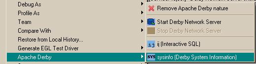 Apache Derby Menu for projects with Derby nature