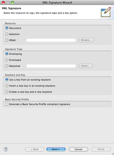 XML Signature Wizard page 1