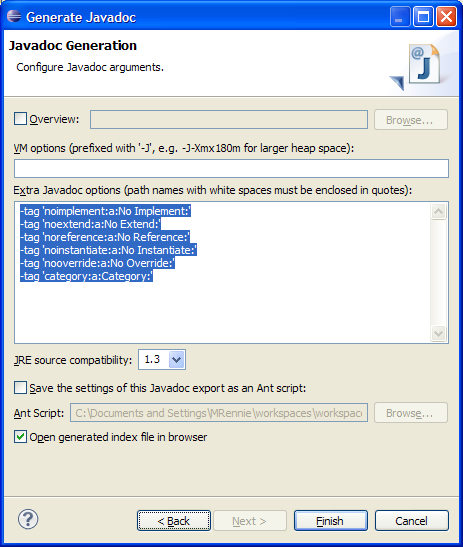 The third page of the Generate Javadoc wizard