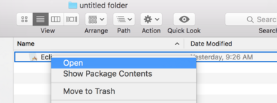 To work around this issue, Right click on the Eclipse icon and select open