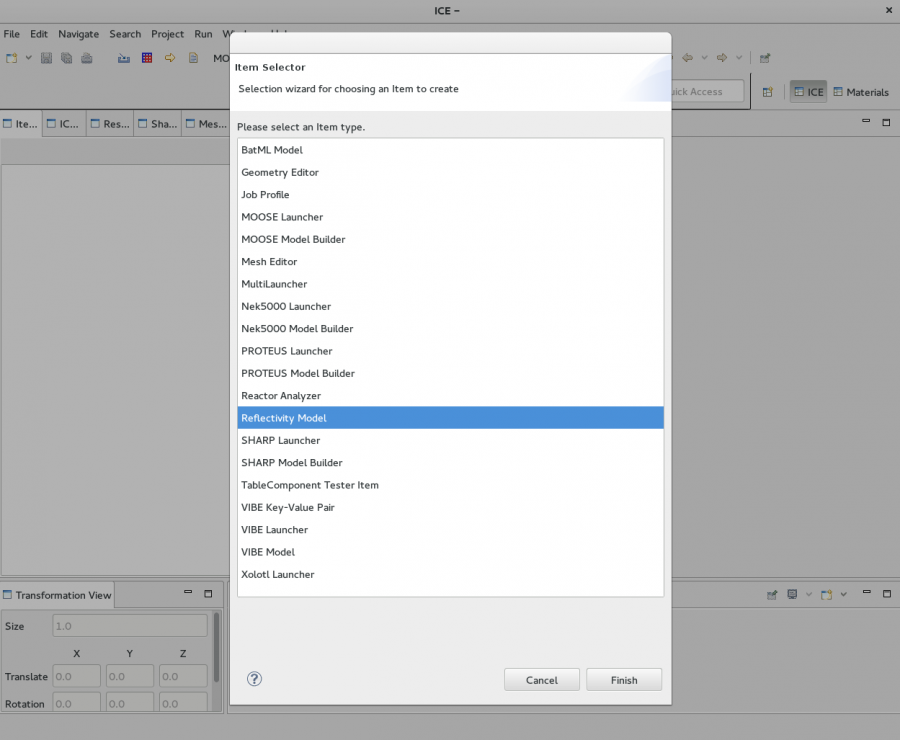 Picture of Item Selector showing how to add the Reflectivity Model