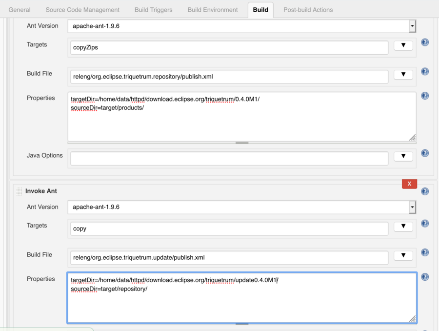 Hudson triquetrum.milestone screenshot showing the Build -> Ant Task section